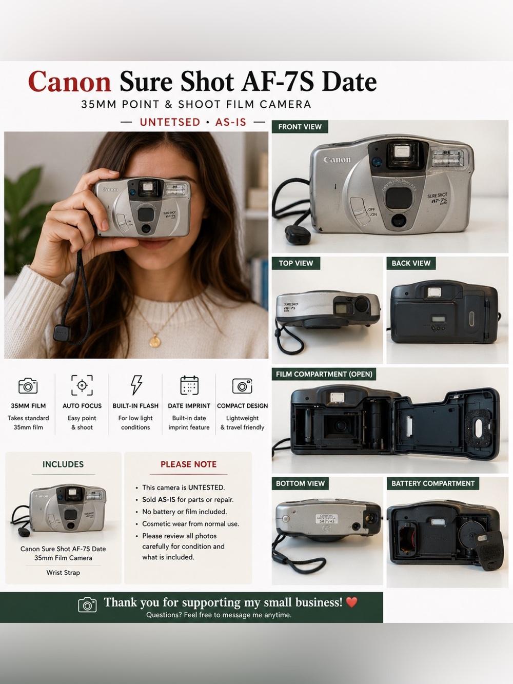 Canon Sure Shot AF-7S Date 35mm Point & Shoot Film Camera Untested AS-IS